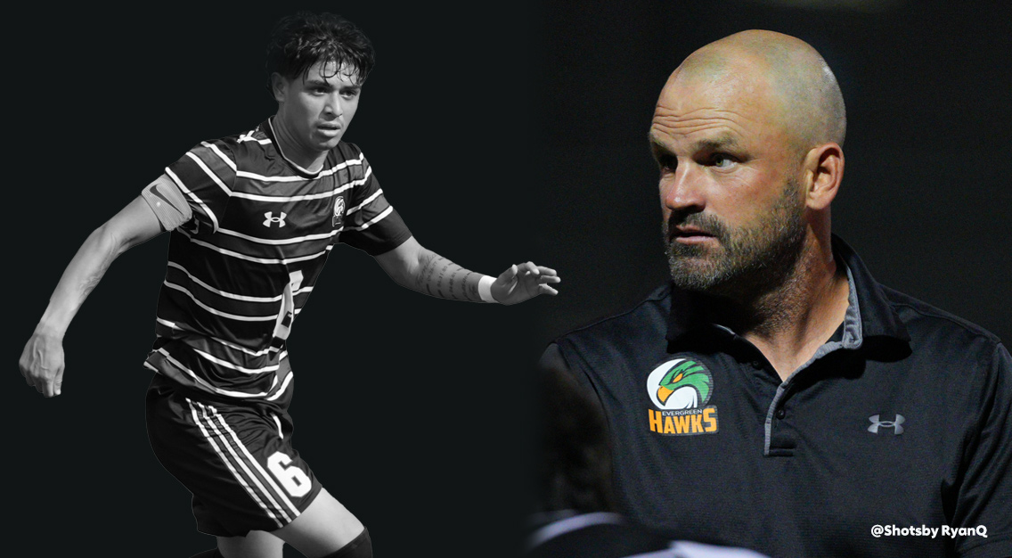 player in black and white with a striped jersey. Coach in black polo shirt.